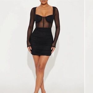 Fashion Nova S Long Sleeve Lola Mesh Corset Mini Sheer Black Dress
